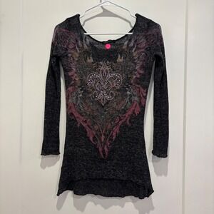In Vein Gothic Fleur De Lis Rhinestone Knit Tunic Top Charcoal Grey Y2K McBling